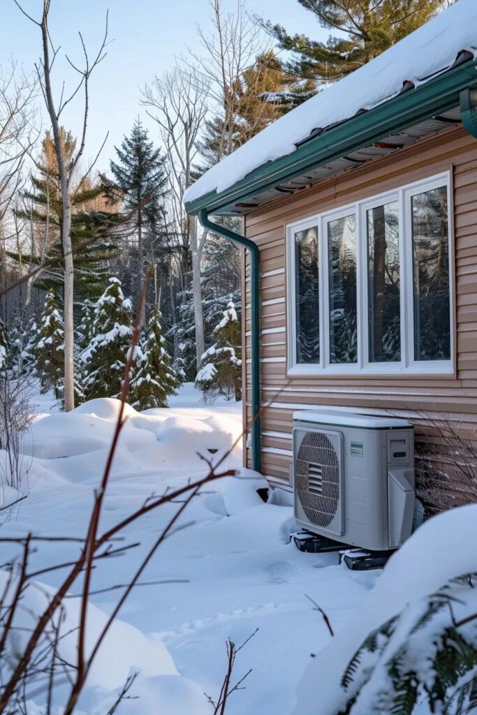 Modern heat pump in snowy New Brunswick winter setting, showcasing energy efficiency and home comfort