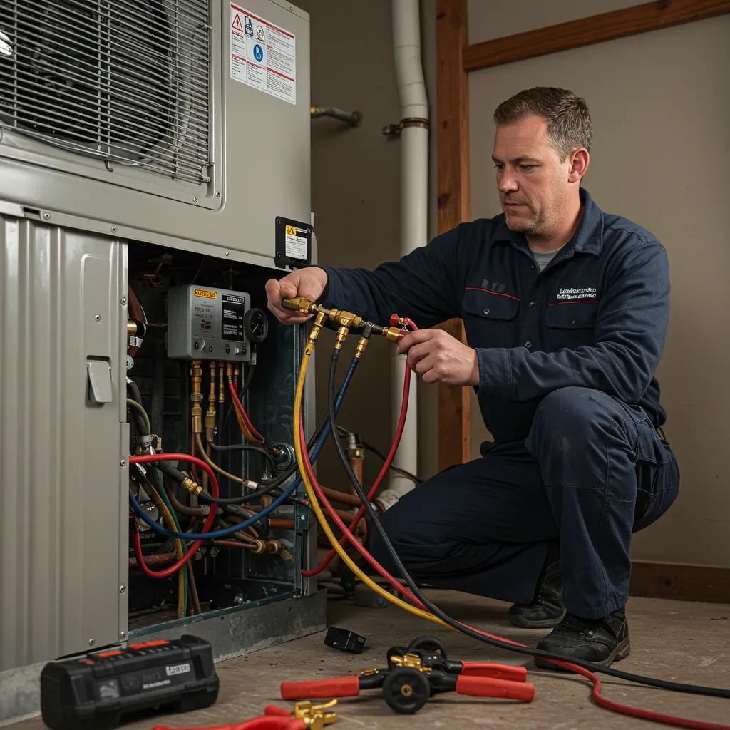 Licensed technician installing a heat pump, highlighting professional installation and expertise in residential settings