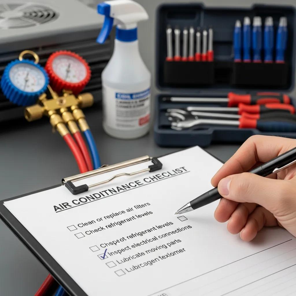 Spring Air Conditioner Tune-Up Checklist 2 Close-up of air conditioner maintenance checklist with tools