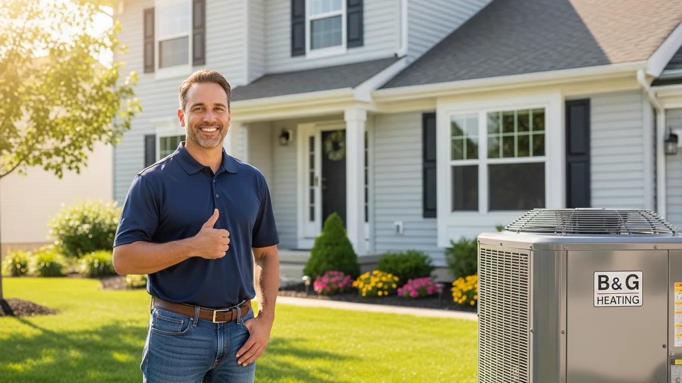 About B & G Heating: Your Local HVAC Experts 2 Satisfied customer giving a thumbs up in front of their home with HVAC unit