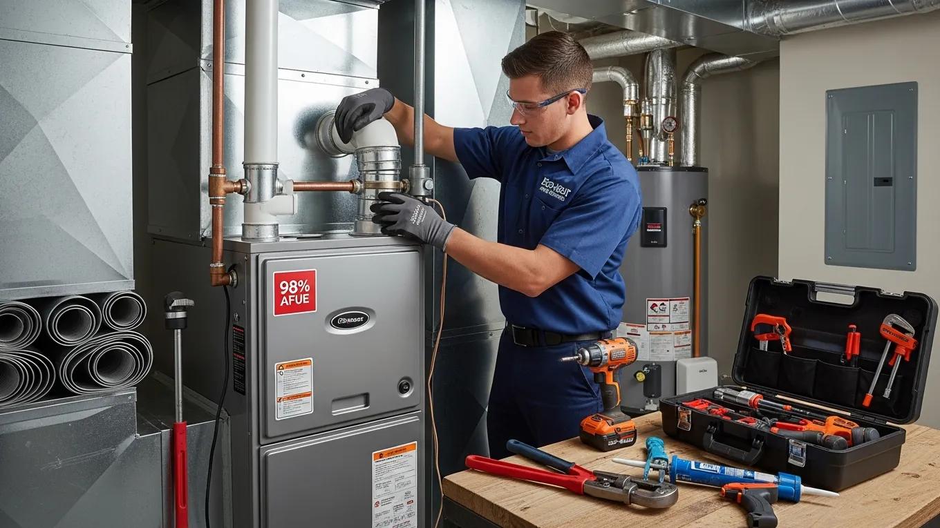 About B & G Heating: Your Local HVAC Experts 3 Technician installing a high-efficiency furnace in a modern home